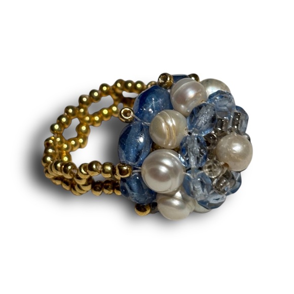 Vtg Pearl & Crystal Beaded Ring - Picture 2 of 5